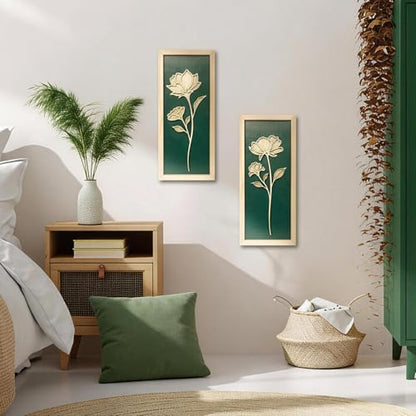 KOYILTD 2pcs 3D Green Wall Art Floral Wall Decor Boho Framed Bathroom Art - style: 2huahuilvqiang-Boho