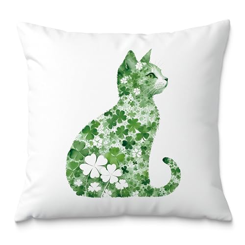 St Patrick's Day Cat Pillow Covers, 18x18, Four Leaf Clover, Lucky Shamrock, St Patrick's Day Decorations for Sofa, Bed, Living Room - color: Style16