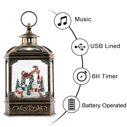 VISFLAIR Christmas Snow Globe Lighted Church & Flying Santa Scene, Musical Snow Water Lantern Swirling Glittering Home Decoration and Gift, Battery Operated or USB Powered - color: 10.1'' Flying Santa
