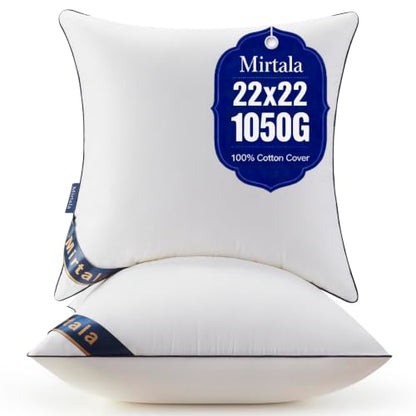 Mirtala 22"x22" Pillow Inserts Set of 2 with 100% Cotton Cover Decorative Square Throw 22" Pillows for Living Room, Sofa, Couch, and Bed-White (2, 22 x 22 Inch) - size: 22 x 22 Inch