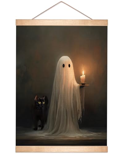HEYJEEPER Halloween Ghost Holding Candle Linen Canvas Wall Art 18.5x14 Inch, Vintage Spooky Black Cat Gothic Wall Hanging Poster, Retro Haunted Night Decor for Living Room Bedroom Holiday Gift(BLK02) - color: BLK02