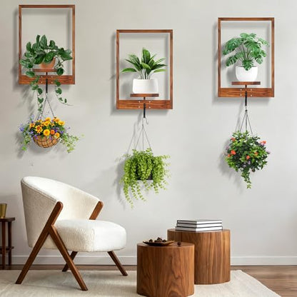3 Pack Solid Wood Hanging Planters for Indoor Plants Wall Decor with Hooks