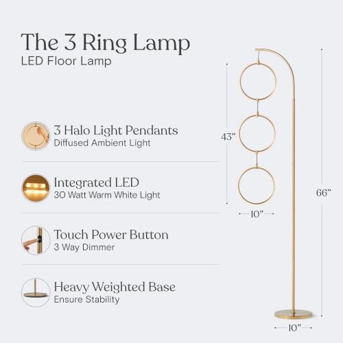Brightech 3 Ring Lamp - 74" Dimmable LED Floor Lamp with 3 Hanging Light Rings, Modern Arc Standing Tree Lamp for Living Room, Bedroom and Office, 30W Warm White LED, Gold Brass - color: Brass