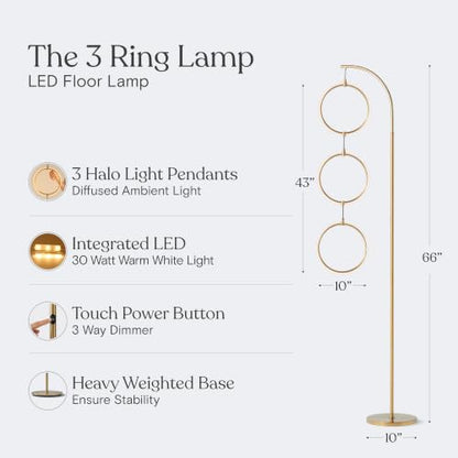 Brightech 3 Ring Lamp - 74" Dimmable LED Floor Lamp with 3 Hanging Light Rings, Modern Arc Standing Tree Lamp for Living Room, Bedroom and Office, 30W Warm White LED, Gold Brass - color: Brass