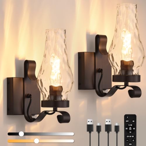 Vintage Battery Operated Wall Sconces Set of 2, Rustic Wall Lights - color: Water Ripple Bronze