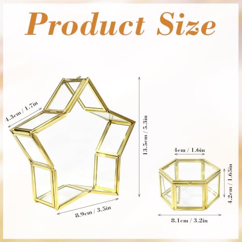 2Pcs Glass Jewelry Boxes with Lids, Gold Star & Hexagon Trinket Boxes
