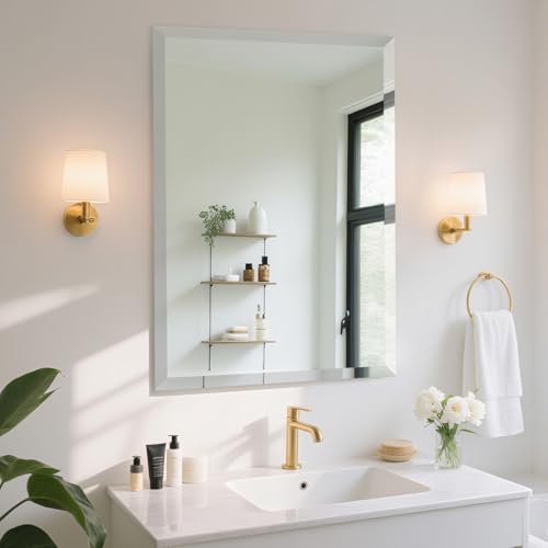 16x24 Inch Frameless Wall Mirror with 1" Beveled Edge, Frameless Rectangle Mirror for Bathroom, Vanity, Living Room - size: 24"L x 16"W