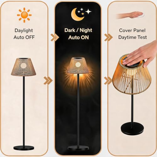 Solar Outdoor Floor Lamp with Rattan Shade, Adjustable Height
