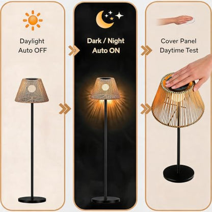 Solar Outdoor Floor Lamp with Rattan Shade, Adjustable Height