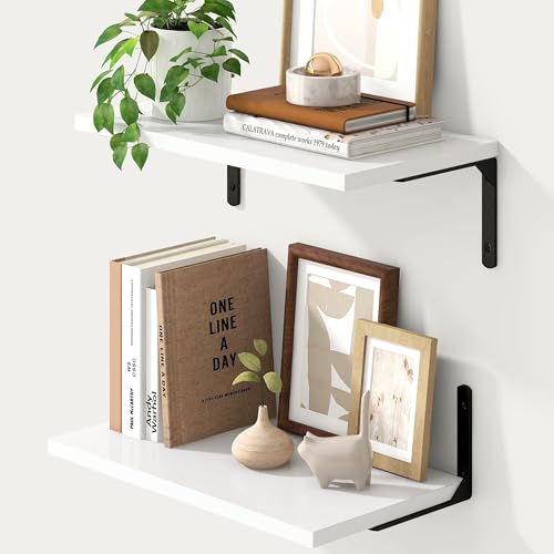 Fun Memories Deep Floating Shelves, 16W x 8D Floating Shelves Set of 2, Wall Mounted Shelf with Metal Brackets, Rustic Wood Wall Shelf for Bathroom, Kitchen and Living Room, White - color: White | L Bracket, size: 16"L x 8"D