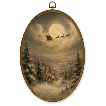 JMENGSSFL Moonlit Santa Sleigh Winter Night Oval Wall Art Decor 8.6x11.4 - color: Christmas-11