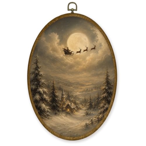 JMENGSSFL Moonlit Santa Sleigh Winter Night Oval Wall Art Decor 8.6x11.4 - color: Christmas-11