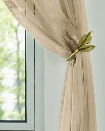 Antique Brass Curtain Holdbacks 2 Pack, Metal Olive Leaf Tiebacks Wall Mounted - Decorative Holders for Drapes & Curtains, Heavy Duty Pull Back Hooks (Antique Brass) - color: Antique Brass