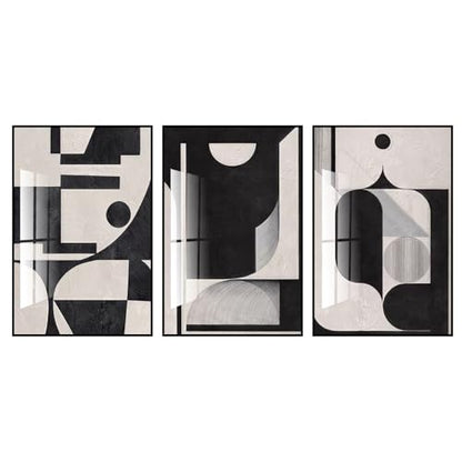 QKF 3Pcs Black White Geometric Textured Crystal Framed Canvas Wall Art Set - color: Retro Black And White, size: 20" X 28" X 3 pieces