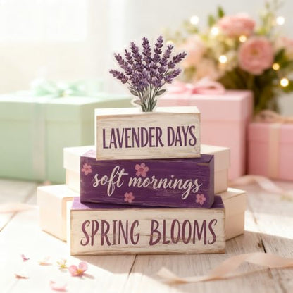 Spring Decoration Wooden Tiered Tray Decor – Rustic Lavender Days Stacked Block Sign with Lavender Flower Topper – Farmhouse Tabletop Spring Decor for Living Room Shelf Kitchen Coffee Bar Seasonal Home Display - style: Lavender