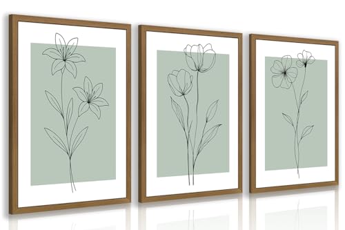 LERVR Wood Framed Minimalist Botanical Wall Art Set of 3, Modern Line Flower Art Prints, Sage Green Botanical Wall Decor, Neutral Floral Artworks for Living Room Bedroom Bathroom 16x24 Inch - color: GreenStriped, size: 24"L x 16"W