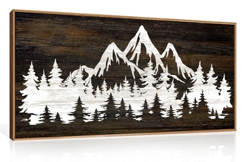 LHIUEM Large Mountain Tree Framed Canvas Wall Art,Modern White Forest Art Prints,Abstract Country Woodcut Wood Wall Decor,Farmhouse Zen Artwork for Living Room Bedroom Office-20''x40'' - color: White Mountains Wall Art, size: 40"L x 20"W