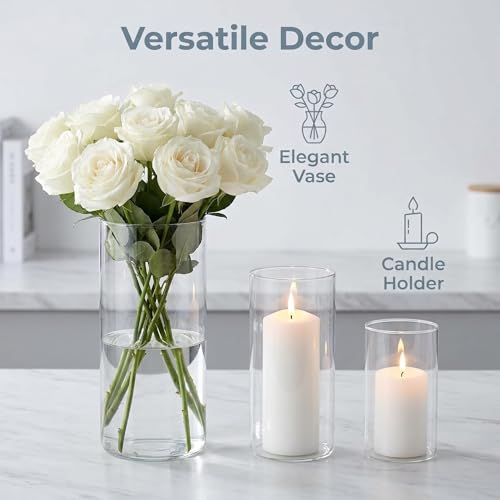 Hurricane Candle Holders, Clear Glass Cylinder Centerpieces Vases, Pillar Candle Sleeves for Wedding, Table Decoration Centerpiece Floral Room Home, Dining Room Decor 3 Pieces