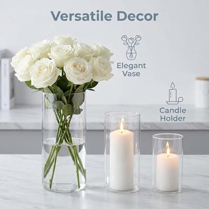 Hurricane Candle Holders, Clear Glass Cylinder Centerpieces Vases, Pillar Candle Sleeves for Wedding, Table Decoration Centerpiece Floral Room Home, Dining Room Decor 3 Pieces