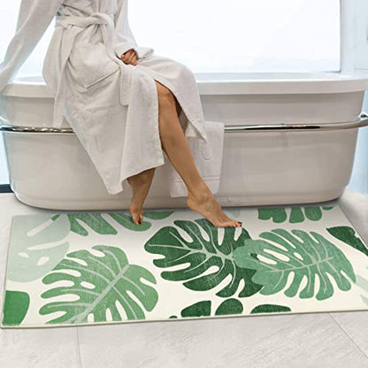 Lukinbox Bathroom Runner Rugs, Green Leaf Non-Slip Bath Mat, Small Long Bath Rugs Cute Soft Microfiber Floor Mats Machine Washable for Living Room, Shower and Tub, 18"x47" - size: 18" x 47"