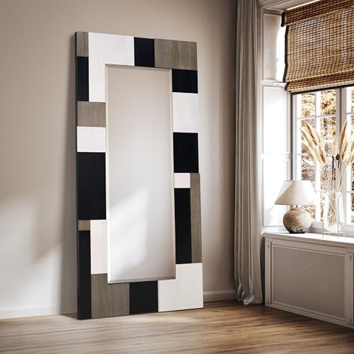Empire Art Direct Geometric Blocks Hand Made Solid Paulownia Wood Beveled Leaner Mirror, Ready to Hang, Living Room, Bedroom & Office, 78.8"x39.4"x1.6" - style: Geometric Blocks