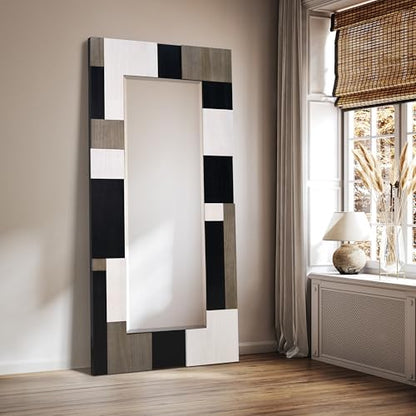 Empire Art Direct Geometric Blocks Hand Made Solid Paulownia Wood Beveled Leaner Mirror, Ready to Hang, Living Room, Bedroom & Office, 78.8"x39.4"x1.6" - style: Geometric Blocks