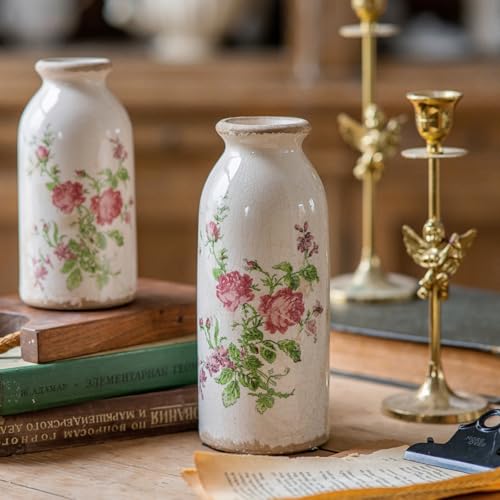 Teweiqi Ceramic Rustic Farmhouse Vase, Distressed Floral Pattern, Holds Water, With Handle, 7.8 inches - color: Pink Flora, size: 8 Inch