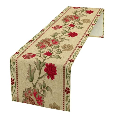 Rustic Floral Table Runner, Ethnic Style Leaf Flower Art Design Patterns Printed Linen Table Runner for Home Kitchen Dining Table Decoration 13x36 Inch - color: Style-50, size: 13"W x 36"L (Pack of 1)