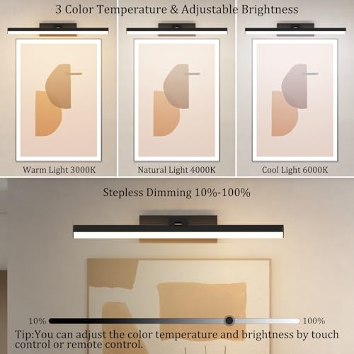 Battery Operated Picture Light15.5Inch with Remote,10000mAh Rechargeable Wireless Picture Light for Wall 3CCT Dimmable Frame Lights for Gallery Painting - color: Black