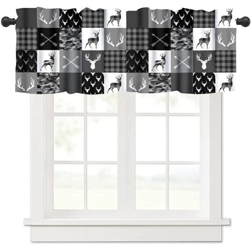 Grey Camouflage Valance Curtain, Rustic Cabin Farmhouse Deer Antlers Arrow Vintage Country Hunting Wildlife Black Camo Print Short Window Valance for Living Room Bedroom, 54x18inch - color: Deer-2