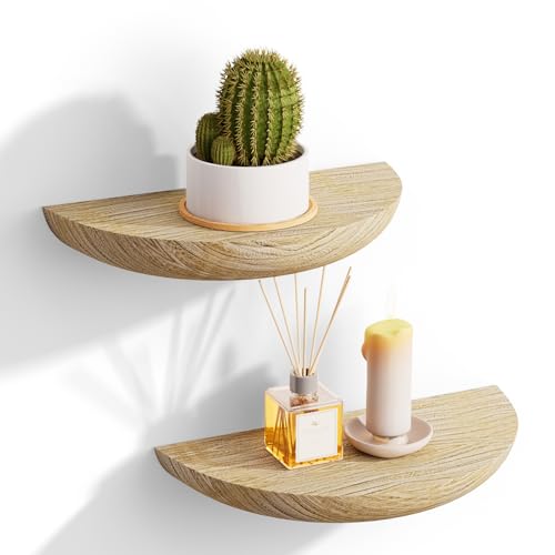 QsQueen Half Round Floating Shelves for Wall, 2 Pack Small Paulownia Wood, Screw Mount, for Plants & Decor - color: Light Brown, size: Screw Mount (S+S)