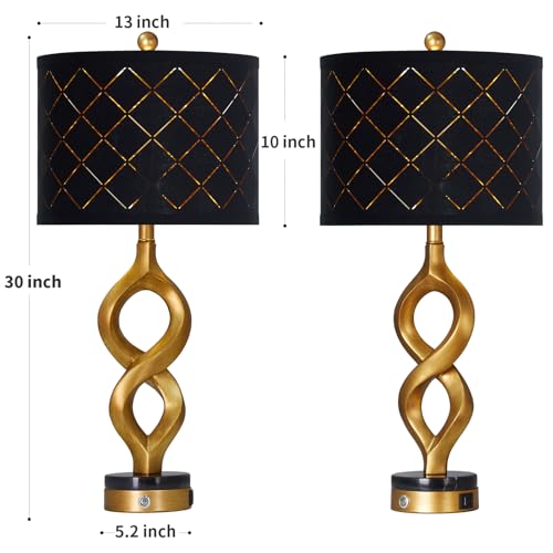 Cinyirong 30" Black and Gold Table Lamps Set of 2 for Bedroom, Modern Touch Control Bedside Lamps for Living Room, 3-Way Dimmable Sculptural Resin Nightstand Lamps with USB A+C Ports and 2 LED Bulbs - color: Black & Gold (2 Pack)