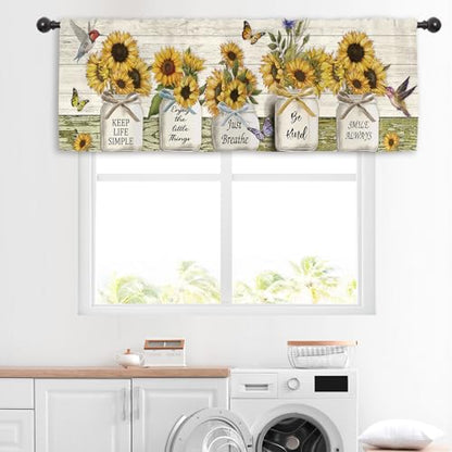 Miyotaa Rustic Farmhouse Sunflower Kitchen Curtain Valance 54W x 18H Rod Pocket Coutry Quotes Inspirational Motivational Positive Wood Wooden Window Treatment for Living Room Bedroom Bathroom - color: White Wood Sunflower, size: 54"W x 18"L (Pack of 1)