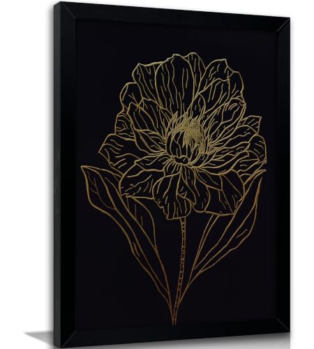 Framed 3D Embossed Gold Line Peony Canvas Wall Art, Textured Raised Golden Floral Line Drawing Print, Minimal Black Background Luxury Botanical Wall Decor for Bedroom Home Decor Gift - color: Linear peony, size: 10"L x 8"W
