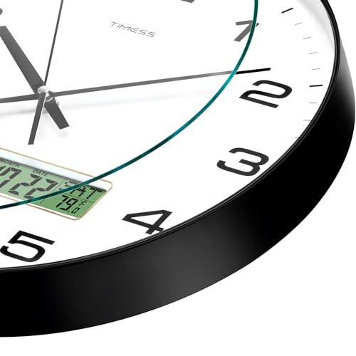 TIMESS Wall Clock, 10" Dial Non-Ticking Silent Battery Operated Analog with LCD Display for Perpetual Calendar and F° Temperature, Ideal Modern Home, Bedroom, Kitchen, Office Decor (Black) - color: Black, size: 10 Inch