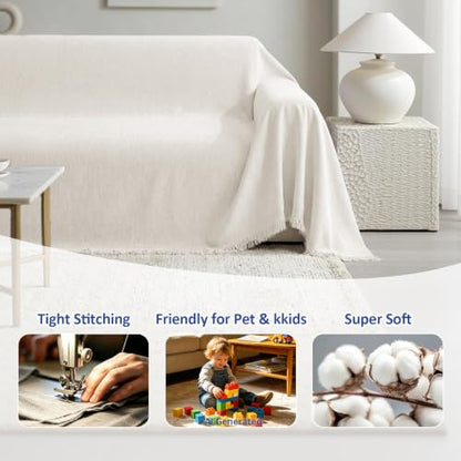 Chenille Couch Cover for Dogs Washable Boho Throw Blanket Washable - color: 01 Beige White, size: 71"×134"