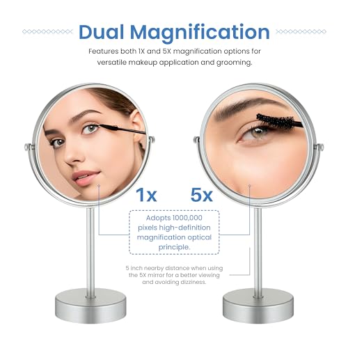 KIBI Free Standing Magnifying Makeup Mirror | Dual-Sided 1X/5X Magnification | 360° Rotating Vanity Mirror for Precise Grooming, Skincare & Beauty (Brushed Nickel, KMM103) - color: Brushed Nickel