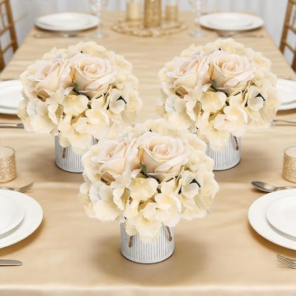 Flower Table Centerpieces - Set of 6 Floral Arrangement Artificial Wedding Hydrangeas Floral Arrangement with Rustic Metal Vase for Bridal Tea Party Event Decorations - Champagne (Pack of 2)