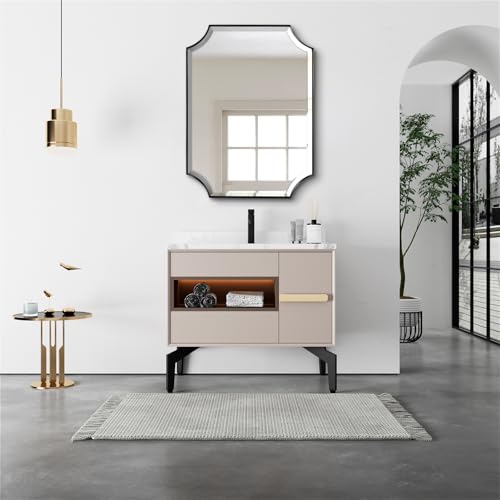 POZINO 36"x24" Premium Rectangle Beveled Mirror for Bathroom Sink - color: Black Scalloped, size: 36"L x 24"W