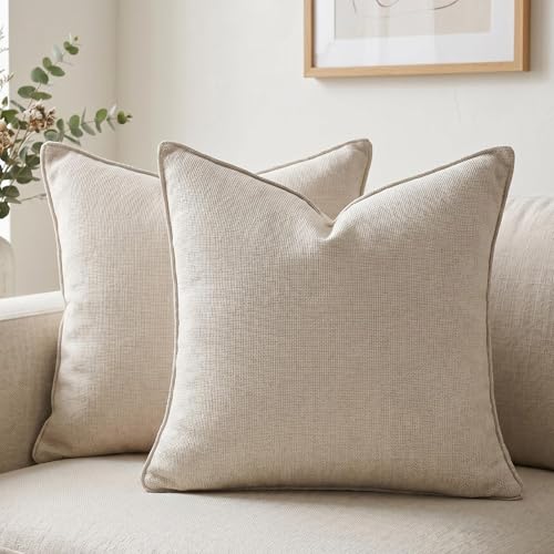 Fancy Homi Set of 2 Beige 18x18 Inch Soft Chenille Decorative Throw Pillow Covers with Flange Edge, Square Neutral Modern Boho Textured Cushion Case Home Decor for Couch Sofa Bed Living Room - color: Beige, size: 18" x 18" (Pack of 2)
