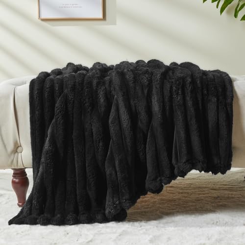 NEWCOSPLAY Fleece Ribbed Cozy Queen Blanket for Couch, Black, 90"x90" - color: Black Ribbed, size: Queen(90"x90")