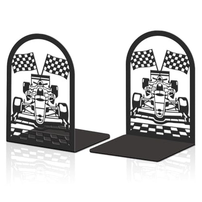 2pcs Book Ends Formula Car Metal Bookends Heavy Duty Book Stoppers Non-Slip Bookend Office for Small Large Heavy Books Textbooks Black - style: Formula Car