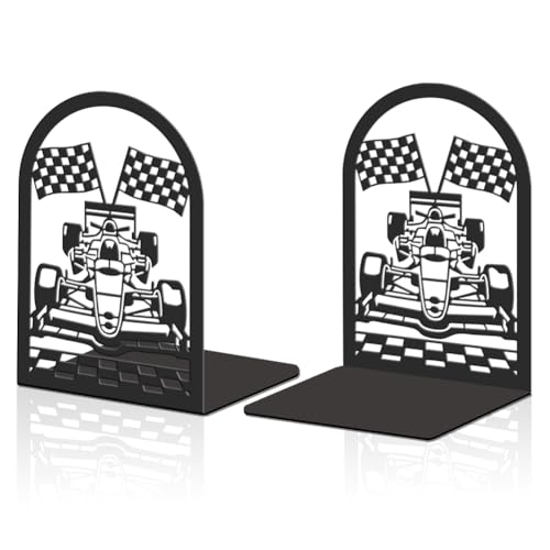 2pcs Book Ends Formula Car Metal Bookends Heavy Duty Book Stoppers Non-Slip Bookend Office for Small Large Heavy Books Textbooks Black - style: Formula Car