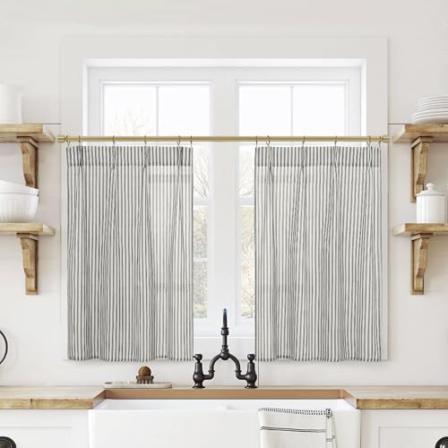 Lino Rosa Small Window Curtains 20 inch Length Black and Beige White Farmhouse Bahtroom Window Curtain - color: Black, size: 24"W x 20"L (Pack of 2)