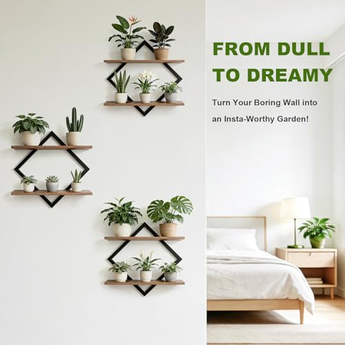 Set of 3 Floating Wall Shelves for Plants, Brown - color: Rustic Brown-3pack