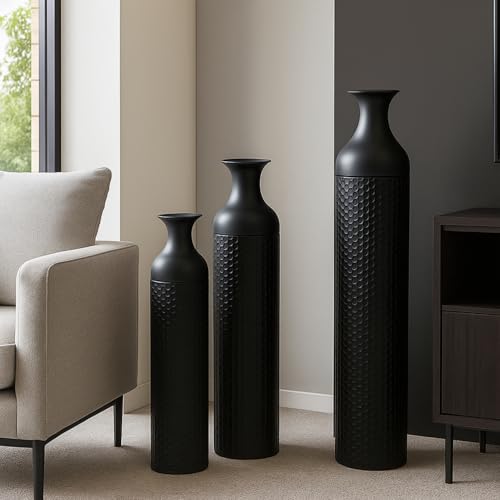 Tall Black Floor Vase Set of 3,Metal Floor Standing Vase & Modern Honeycomb Texture for Living Room Corner Office Home - style: Covered