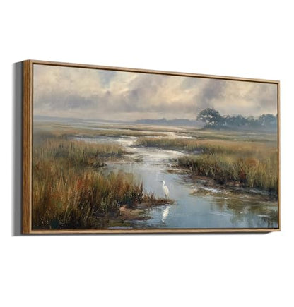 ARPEOTCY Extra Large Framed Wall Art, Marshland Egret Farmhouse Art,20x40In - color: Quiet Wetlands, size: 40"L x 20"W