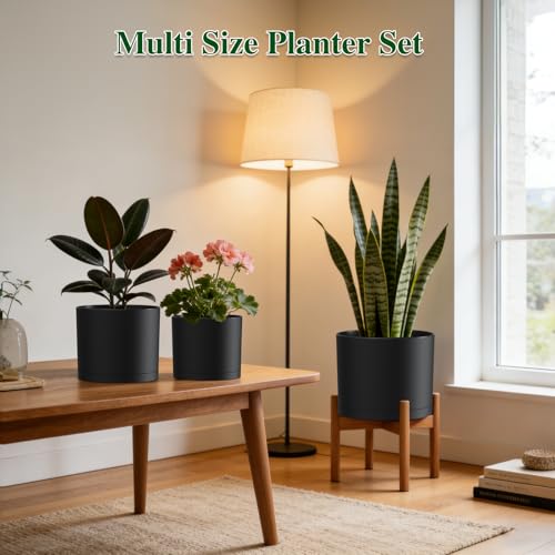 Plant Pots, 10/9/8 Inch 3 Pack Cylindrical Flower Pots with Drainage Holes and Saucers, Plastic Planters for Outdoor Indoor Plants,Black - color: Black