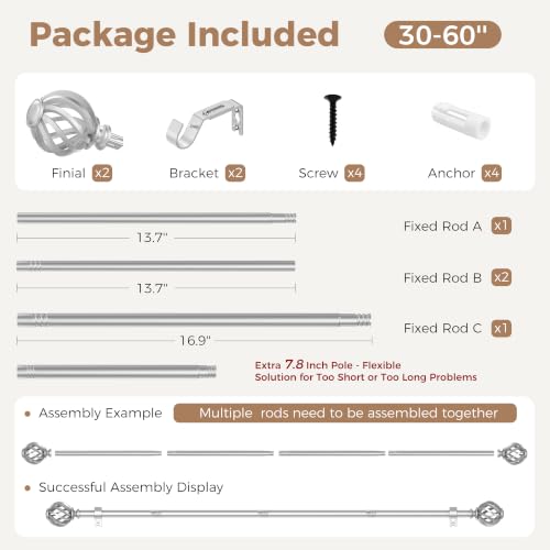 Silver Curtain Rod 30-60in - color: Silver, size: 30-60''(1 Pack)