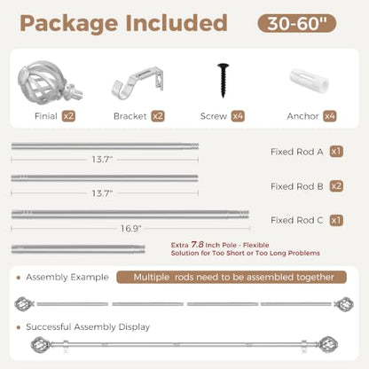 Silver Curtain Rod 30-60in - color: Silver, size: 30-60''(1 Pack)